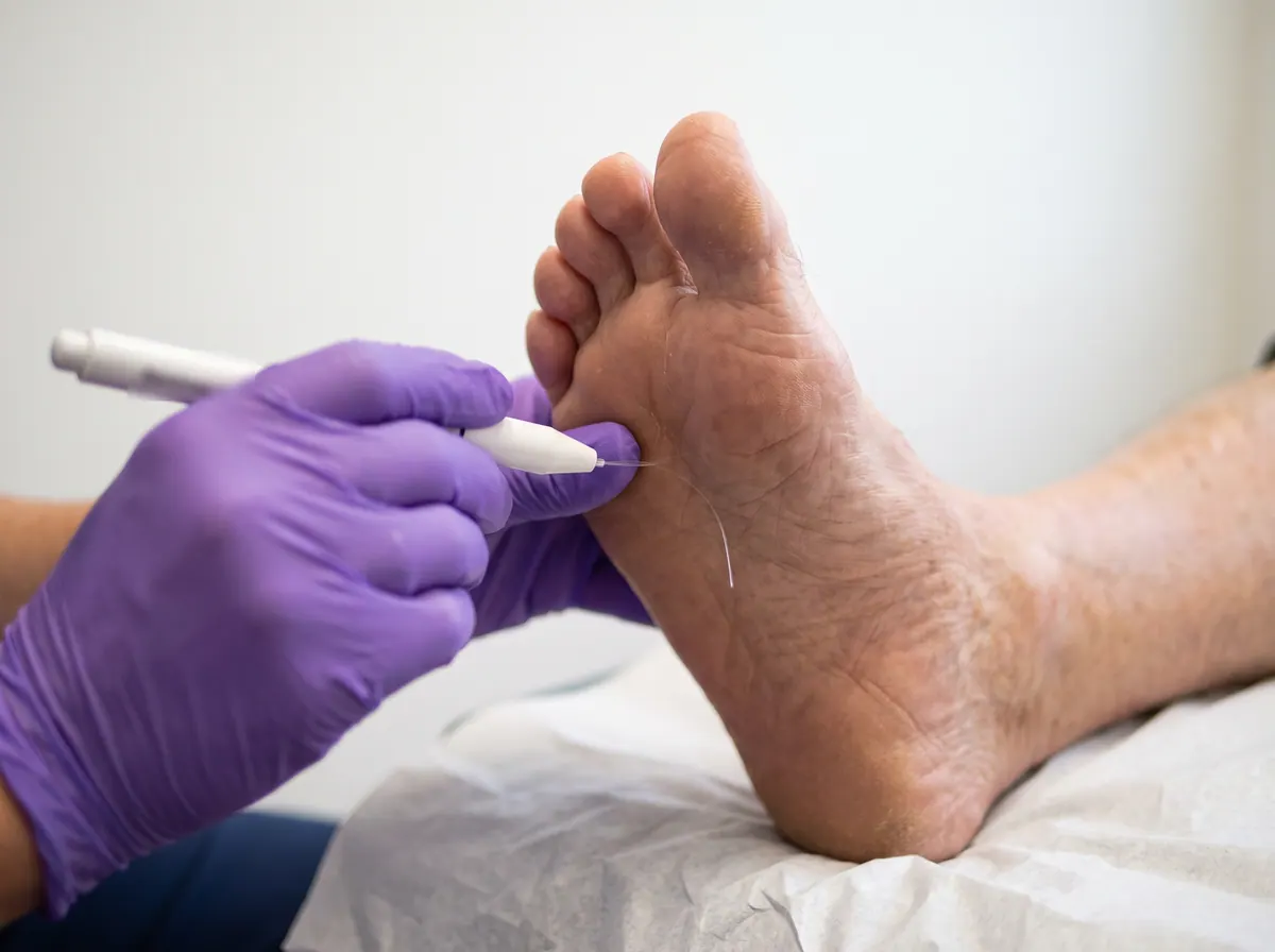 Eine Hand im Handschuh berührt mit einem feinen Prüffaden behutsam die Fußsohle