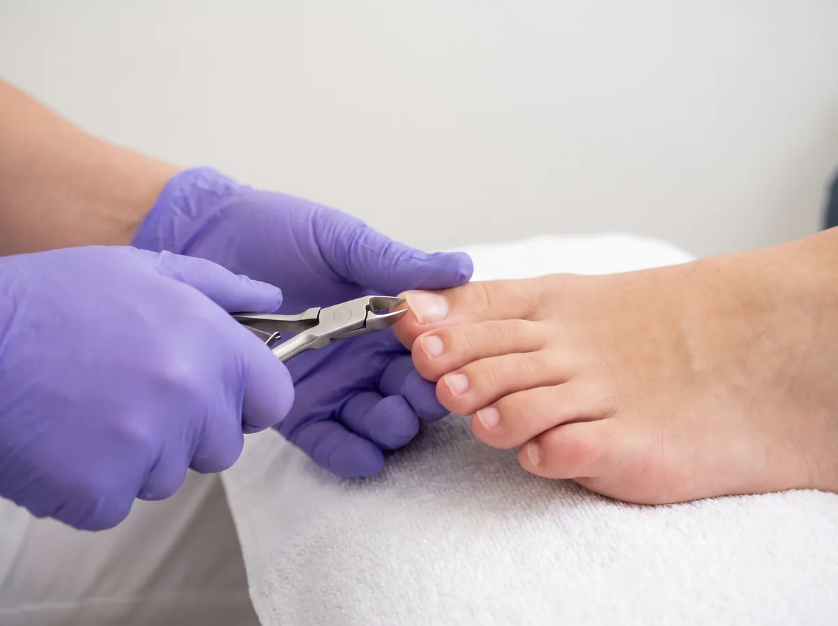 Hände in Handschuhen kürzen einen Zehennagel mit einer Nagelzange
