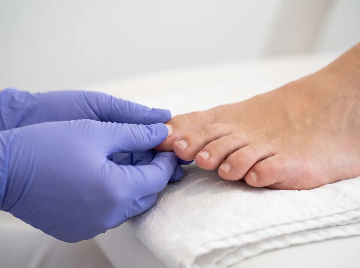 Behandschuhte Finger untersuchen den Rand eines Großzehennagels