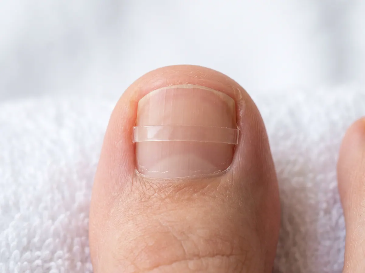 Großer Zeh mit einer durchsichtigen Nagelkorrekturspange auf einem weißen Handtuch