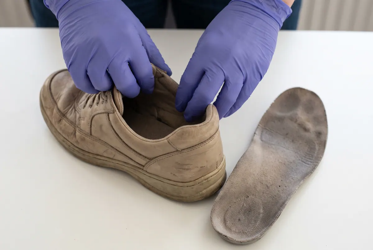 Hände in Handschuhen tasten die Innenseite eines getragenen Schuhs ab, daneben liegt eine Einlage
