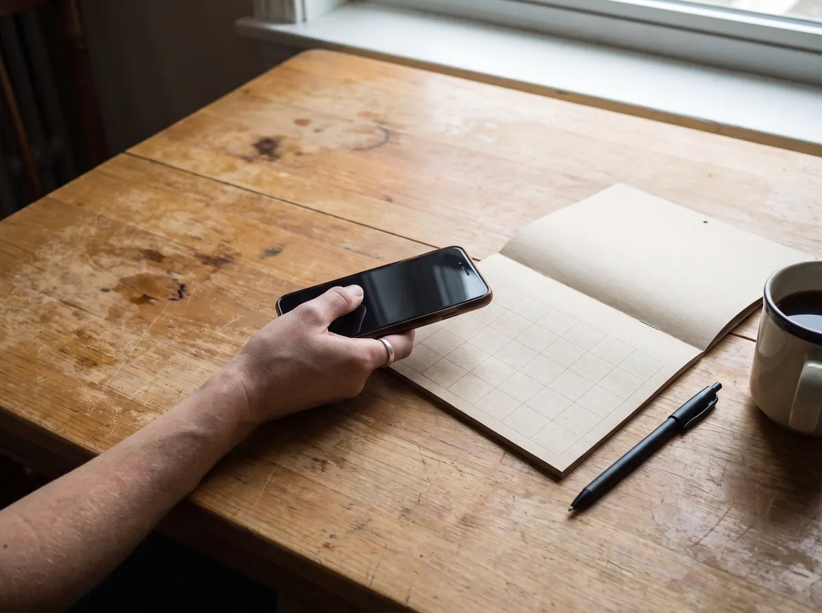 Eine Hand hält ein Smartphone, daneben ein Kalender und eine Tasse Kaffee auf einem Holztisch